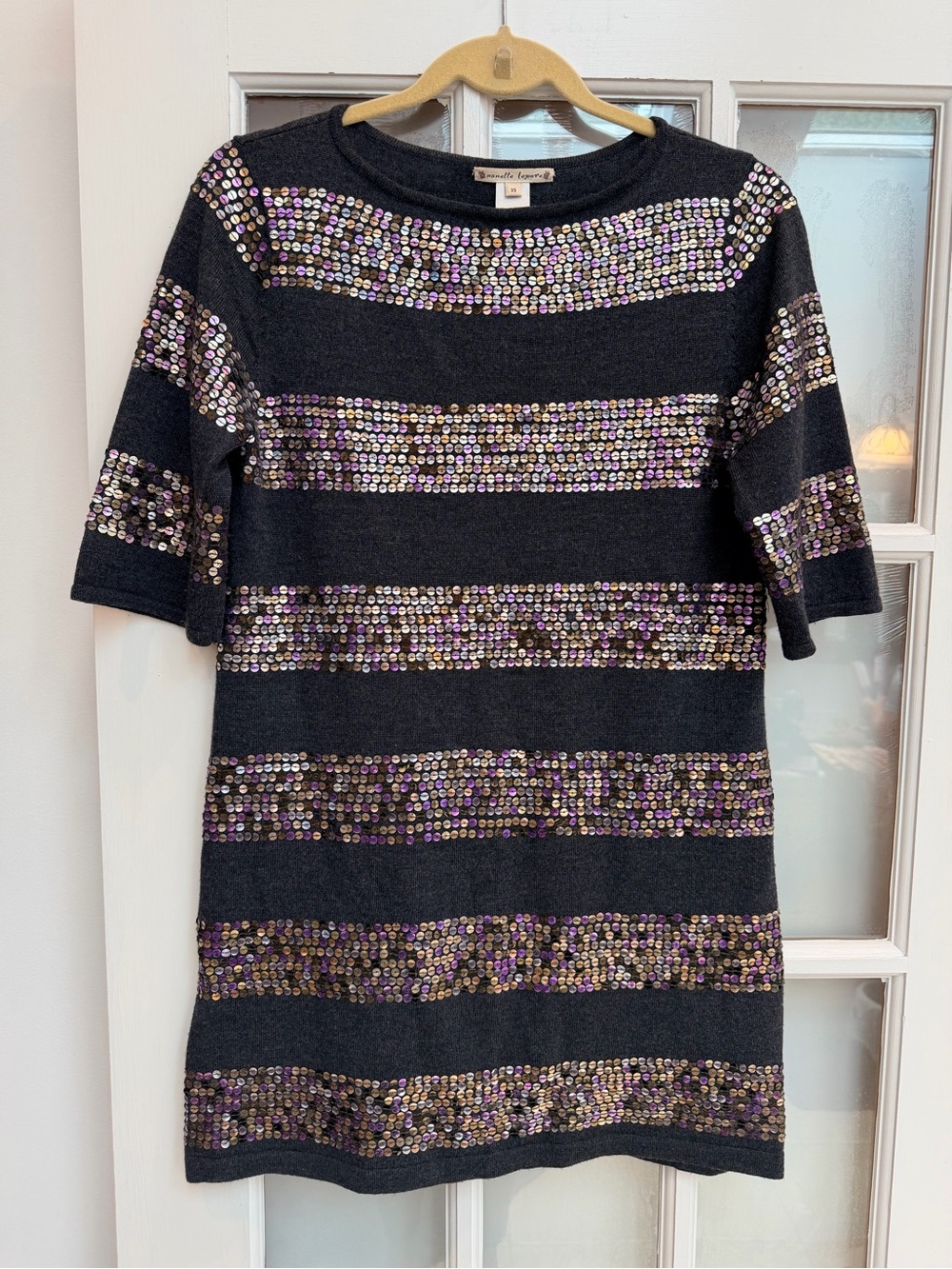 Nanette Lepore Grey 100% Merino Wool Rose Gold Sequin Striped Dress Size XS